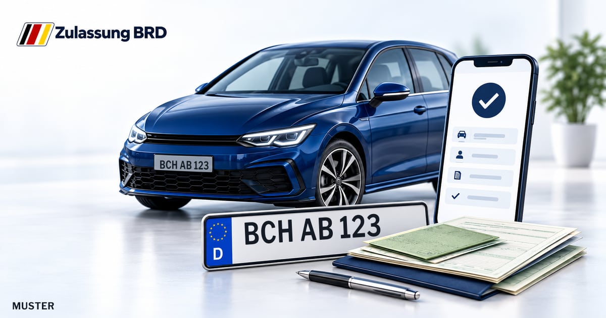 Online Fahrzeugzulassung in Buchen: Musterkennzeichen BCH AB 123, Auto und Fahrzeugpapiere und Smartphone. Illustration mit Logo von Zulassung BRD.
